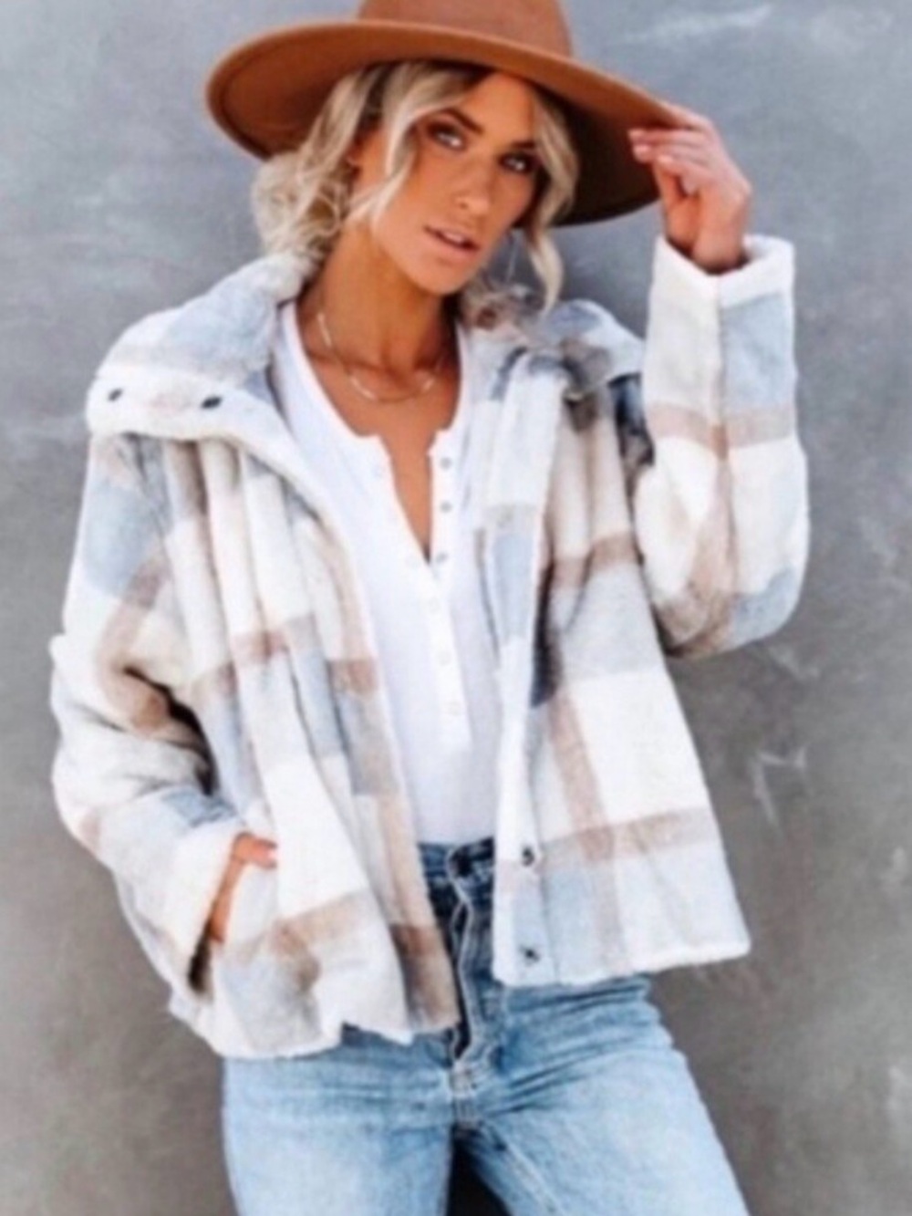 ACOA Plaid Faux Fur Teddy Jacket Cream Taupe Grey